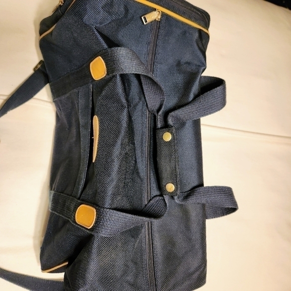 London Fog Vintage Large Weekender Duffle Bag Navy and Tan - Picture 6 of 13